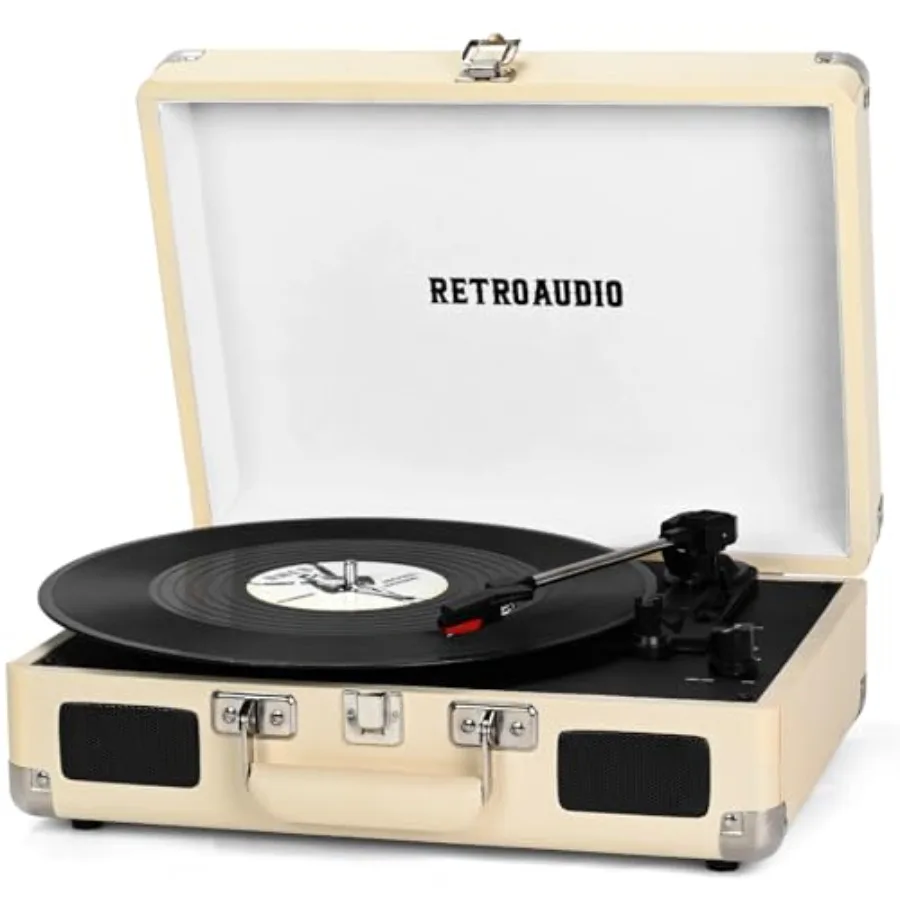 

Portable Vintage Vinyl Record Player with Built-in Speakers 3-Speed Belt-Driven LP Turntable in Creamy White Bluetooth Support