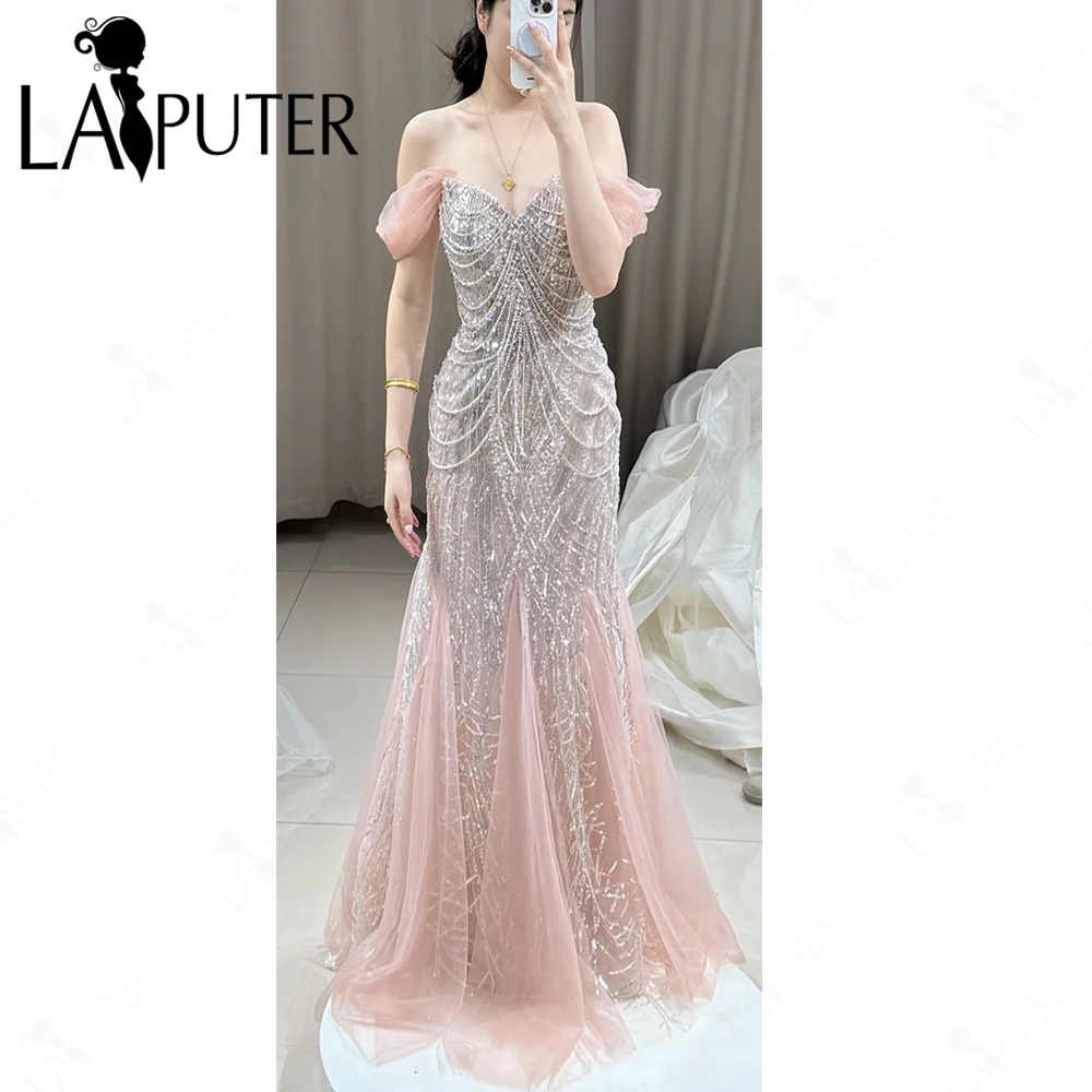ピンクチュールマーメイドプロムドレスオフショルダーシルバークリスタルビーズスパンコールイブニングドレスサイドスリーブ女性エレガントフォーマルガウン
