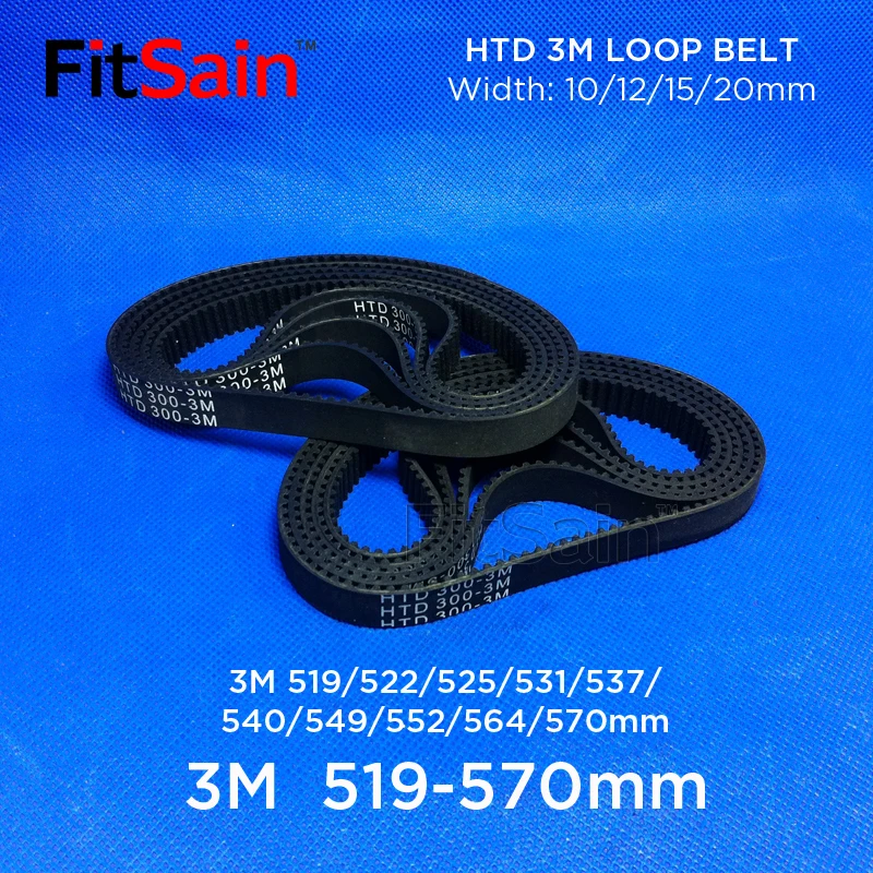FitSain-HTD 3M Timing Belt 519/522/525/531/537/540/549/552/564/570mm Rubbe Toothed Belt Closed Loop Synchronous Belt Pitch 3mm