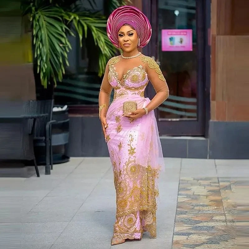 2026 vestido de noite rosa com apliques de renda dourada e lantejoulas ilusão mangas compridas sexy sereia vestido de baile estilos aso ebi 2025