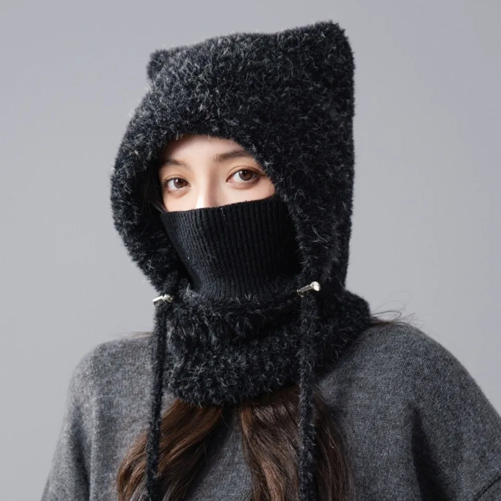 Integrated Winter Hat Windproof Cat Ears Beanie Elastic Crochet Hooded Scarf Hat Thickened Cozy Mask Neck Warmer Outdoor