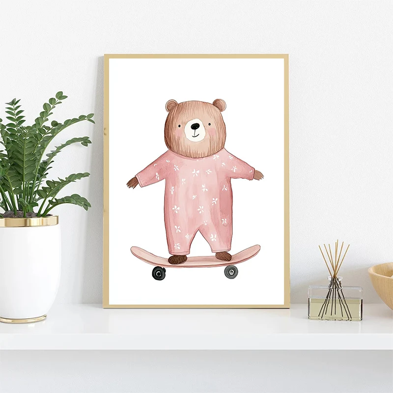 Cute Watercolor Unicorn Mermaid Llama Goose Deer Bear Poster Canvas Painting Print for Kids Room Nursery Home Decoration view 2