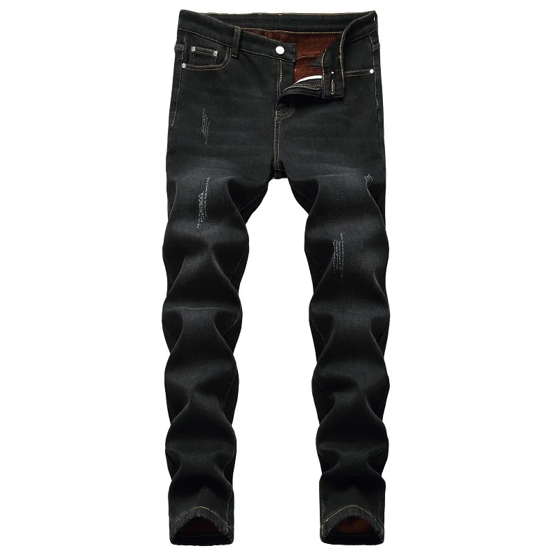 2024 Men's Autumn and Winter Fleece-lined Jeans, European and American Fashionable Youth Elastic Tapered Long Pants.