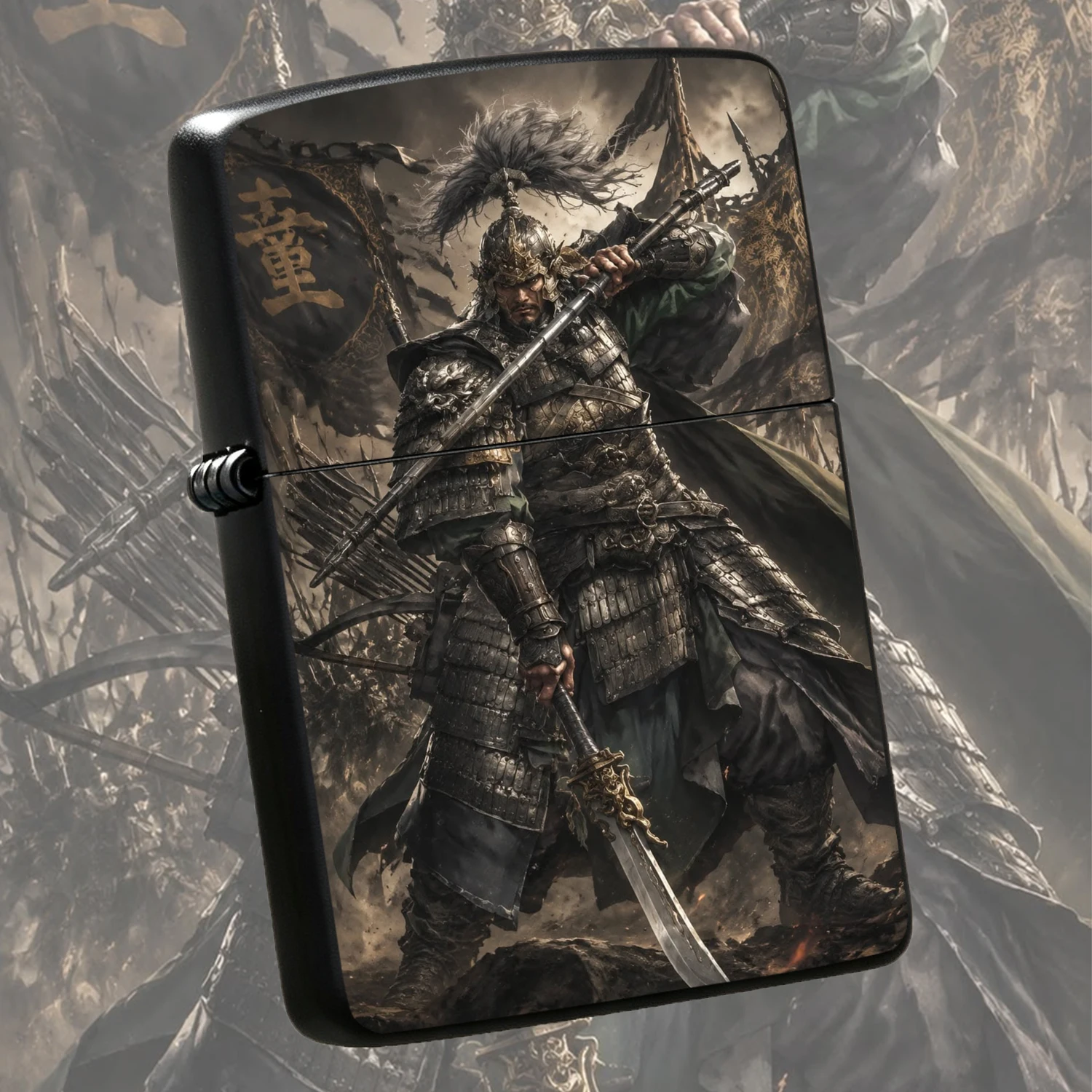 Vintage Style Eastern Style Three Kingdoms General Themed Windproof Lighter, Heavy Armor with Tong Character Battle Flag Art Print, Durable Retro Desktop Decor Collectible, PORTABLE Gift for Men for Daily Use Outdoor Camping A Fun and Hum