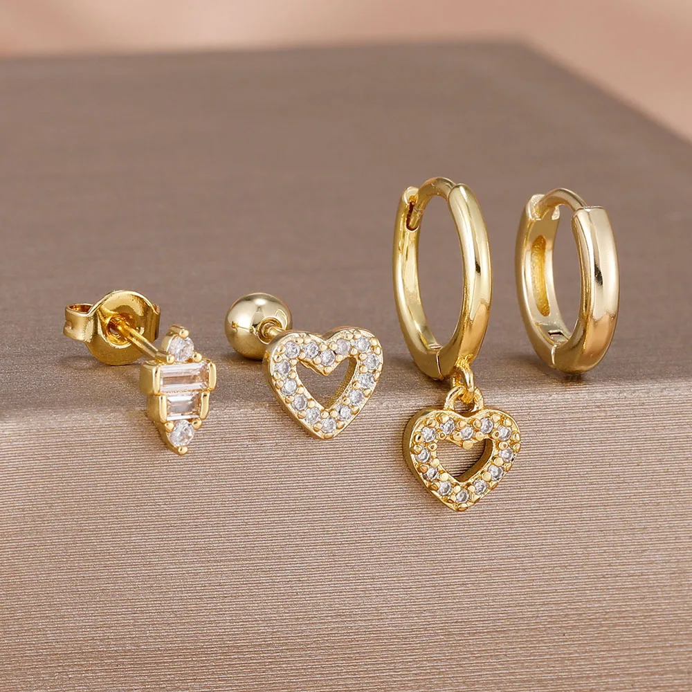 4PCS Neue Hohle Herz Ohr Stud Ohrringe Set für Frauen 14K Gold Überzogene Zirkonia Ohrring Hochzeit Paar trend Schmuck Geschenk