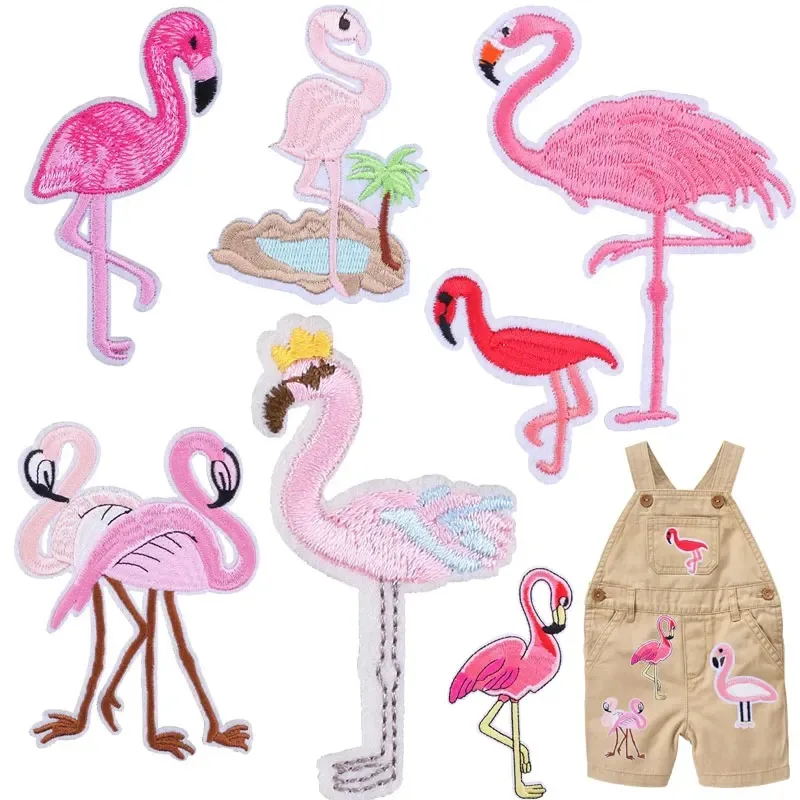 5 Pcs Cute Flamingo Animal Embroidery Patch Clothing Hot Melt Patch Fusible Patch on Clothing Badge Kids Sewing