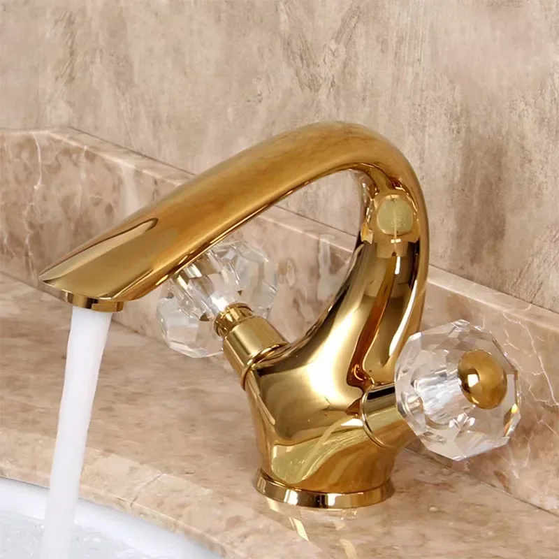 Copper Gold Bathroom Basin Hot and Cold Faucet with Dual Crystal Handle