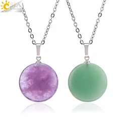 CSJA Natural Stone Round Pendant Man Necklace Healing Amethysts Crystal Pendants Stainless Steel Chain Jewelry for Women H215