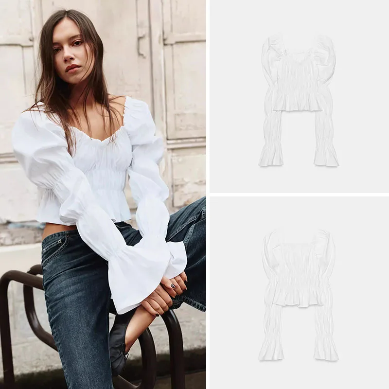 

Spring New Women's Square Collar Bubble Sve Ruffle Hem irt ZA2026 Faionable Ele Sle for Younger Women 25-35 Year...