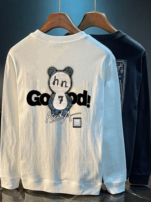 

Cartoon Print Long Sve Pure Cotton T-irt Men's 2025 New Sle Casual Loose Fit Faionable Youthful Spring Autumn Wear