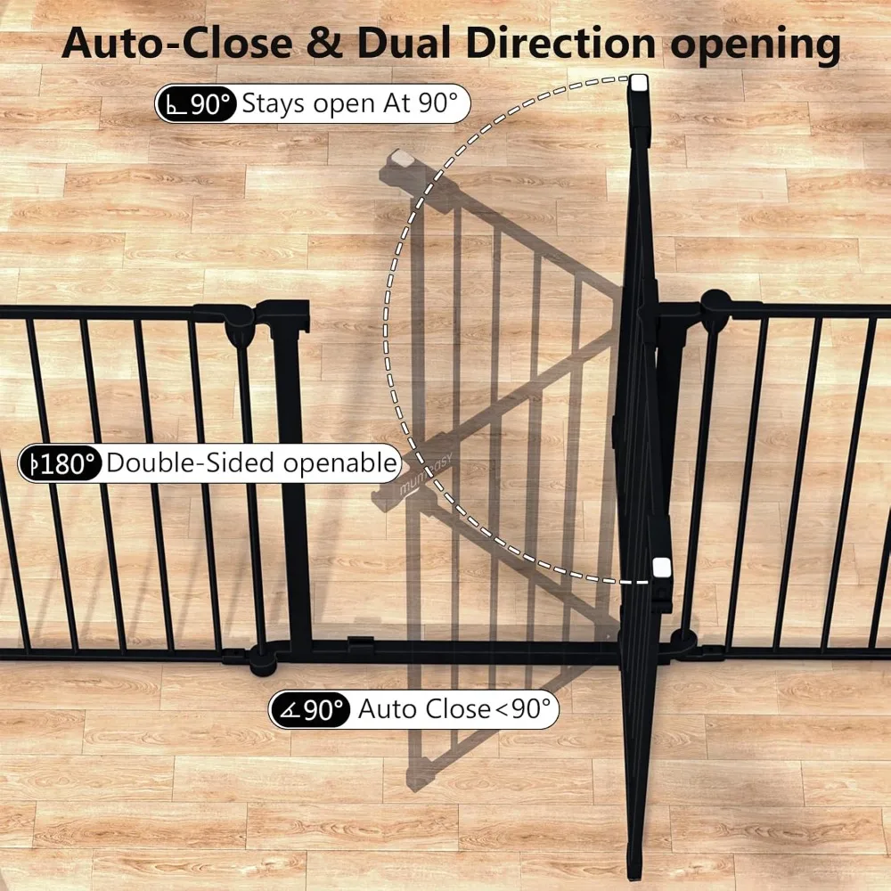 Portão de bebê extra largo de 150 ", portão de segurança infantil para quintal de brincar, portões para cães com porta de fechamento automático, sistema de travamento duplo