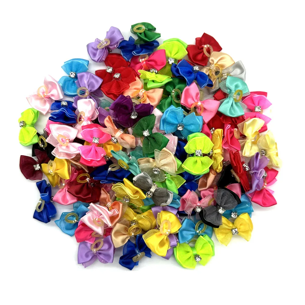 50/100pcs Handmade Pet Dog Hair Bows Rhinestone Variety Lace Ribbon Dog Bow Dogs Grooming Bows Accessories Pet Hair Supplies