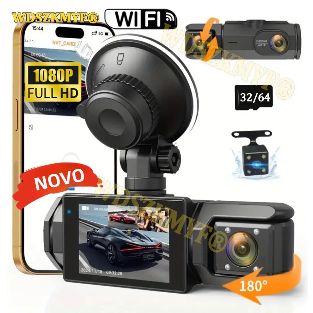 NOVO Câmera Veicular de Três Canais com 2/3 Lentes, Câmera Frontal e Traseira WIFI para Carro, Gravador de Vídeo 1080P, Dashcam, Caixa Preta, DVR Automotivo