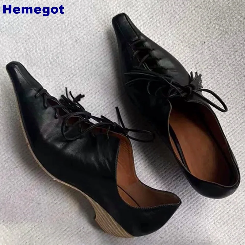 Pointed Retro Cross-Lace Pumps Summer New Outdoor Casual Thick High Heels Strange Heels Black British Style Office Tassel Pumps