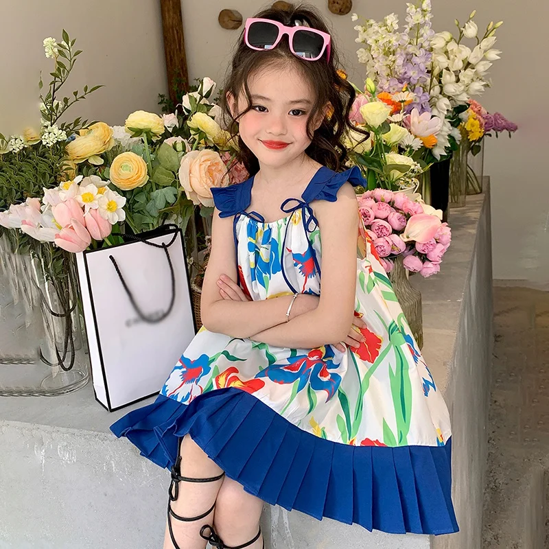 

Spring Summer Girls Vest Dress Kids Sleeveless Floral Print Princess Dress Sweet Cotton Pleated Dress Children Clothes 1-6Years