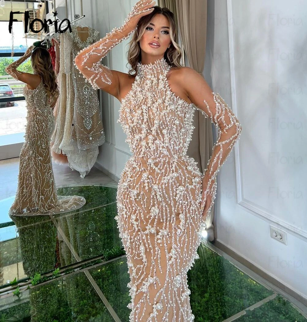 Bride Nude Champagne Evening Dress Full Ivroy Pearls Long Mermaid Wedding Party Gowns for Women Elegant Cocktail Night Gowns