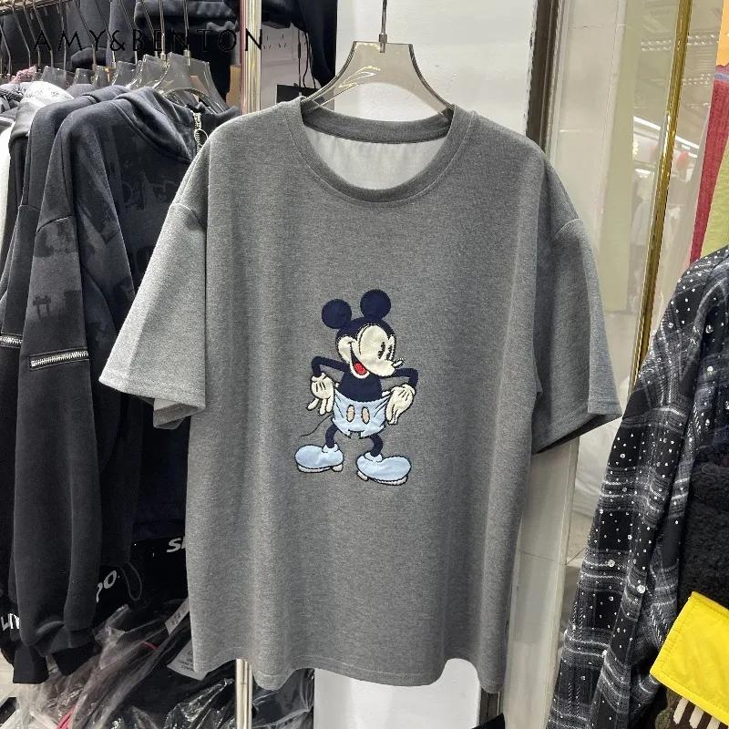 

2025 Autumn New Fashion Versatile Crew Neck Slimming Top Tees Age-Reducing Cartoon Embroidery Short Sleeved T-shirts For Ladies