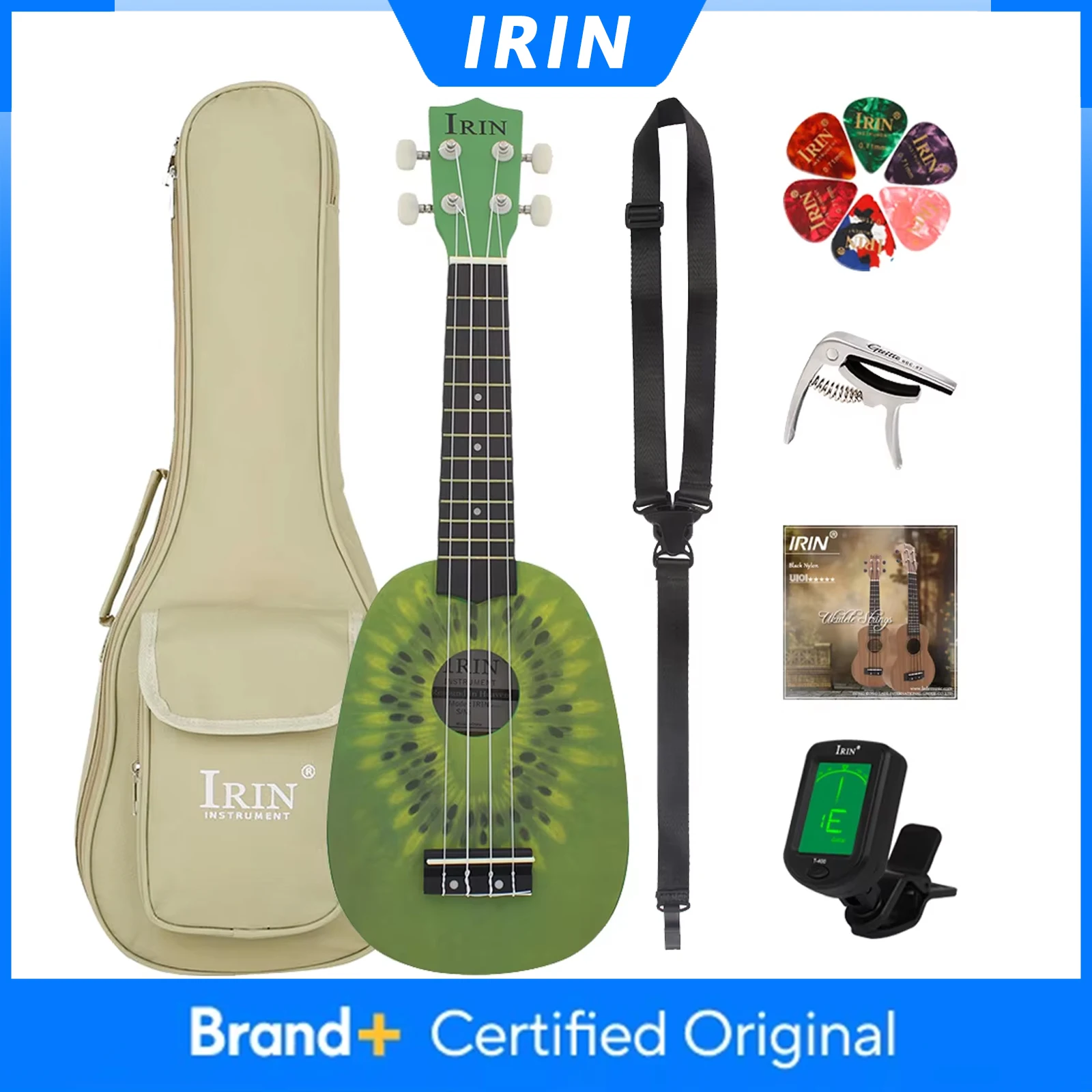 

Укулеле IRIN 21 дюйм, 4 струны, гавайская гитара, укулеле в форме киви с сумкой, тюнером, струнами, капо, гитарные запчасти и аксессуары
