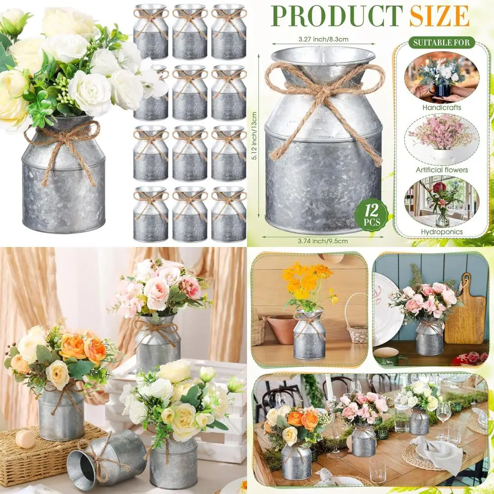 

Rustic Metal Flower Vase Set, 12pcs, Galvanized Milk Can Style with Bows, Ideal for Fall Weddings and Home Dining Decor
