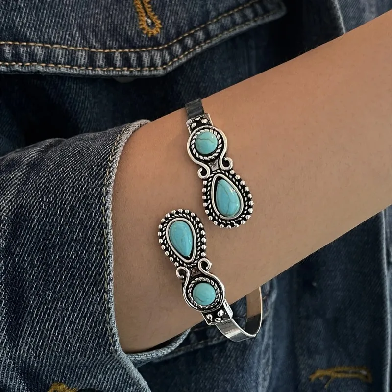 Fashion Retro Bohemian Blue Droplet Stone Adjustable Women's Bracelet Ethnic Pattern Chain Jewelry Birthday Party Jewelry Gifts