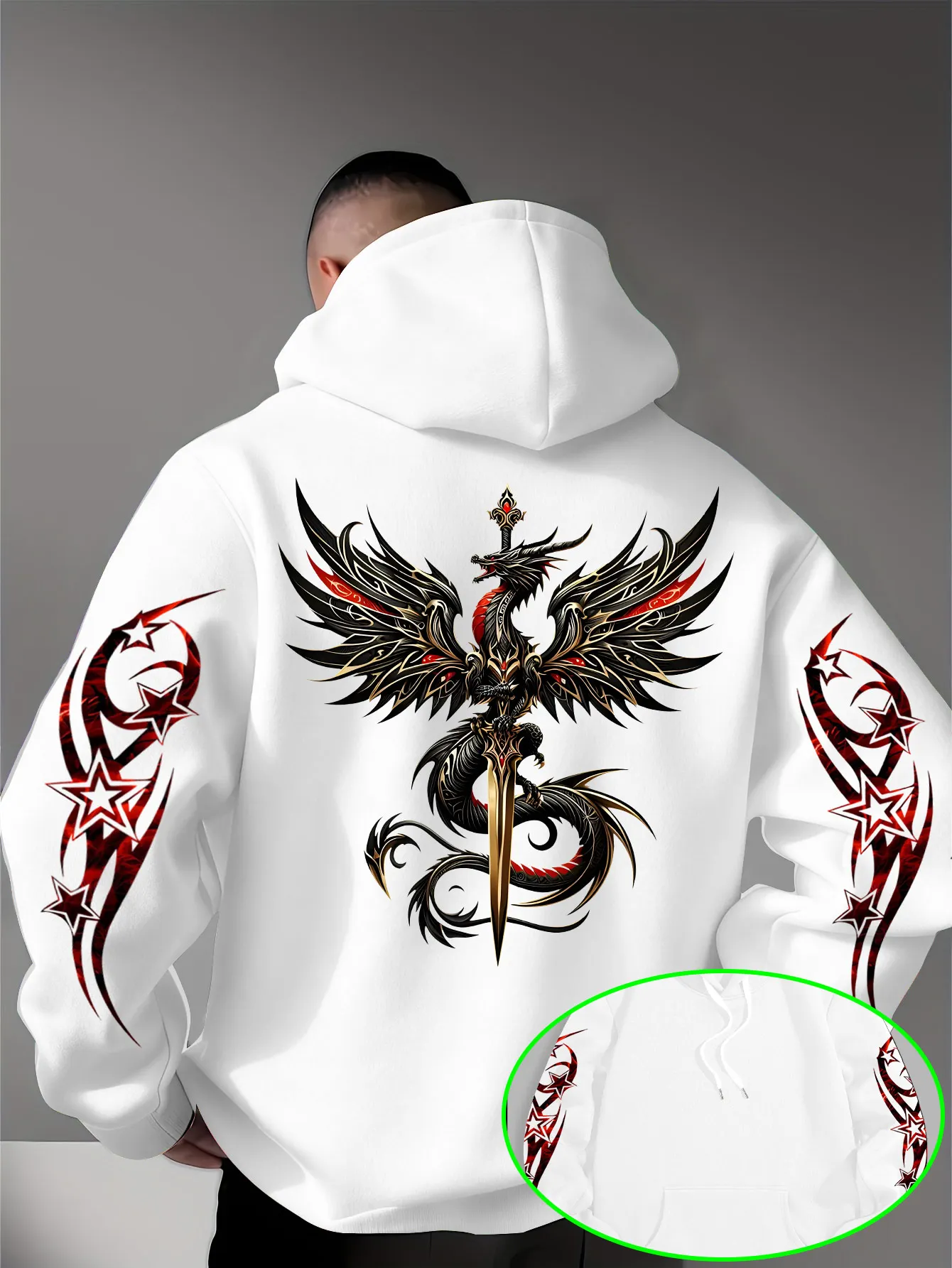Herren Gothic Drachenschwert Hoodie Rot-Gold Drachen-Grafik Schwarzer Streetwear Pullover Sweatshirt Hip-Hop Sport Casual Top – Detail 3