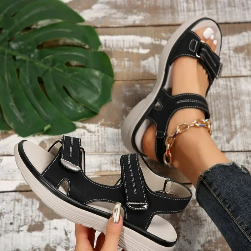 New Brand Hook Loop Sandals Women Summer Leather Light Leisure Wedge Platform Shoes Blue Girls Outside Anti-slide Apricot 42