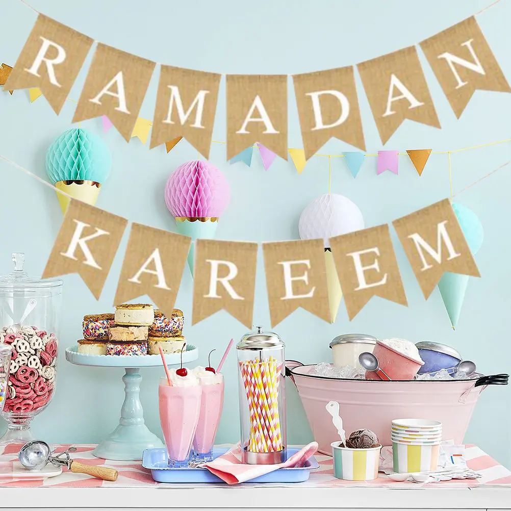 Ramadan Burlap Banner – Eid Celebration Decoration Flag, Rustic Natural Theme Party Bunting for Table Mantel Fireplace - view 4