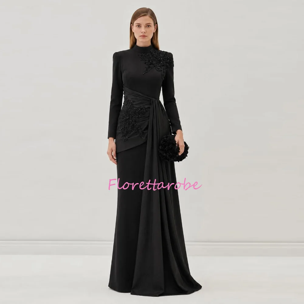 

A-line Women's Evening Dresses Floor-length High -neck Full Sleeve Prom Gown Fashion Flowers Simple Draped Casual Customized