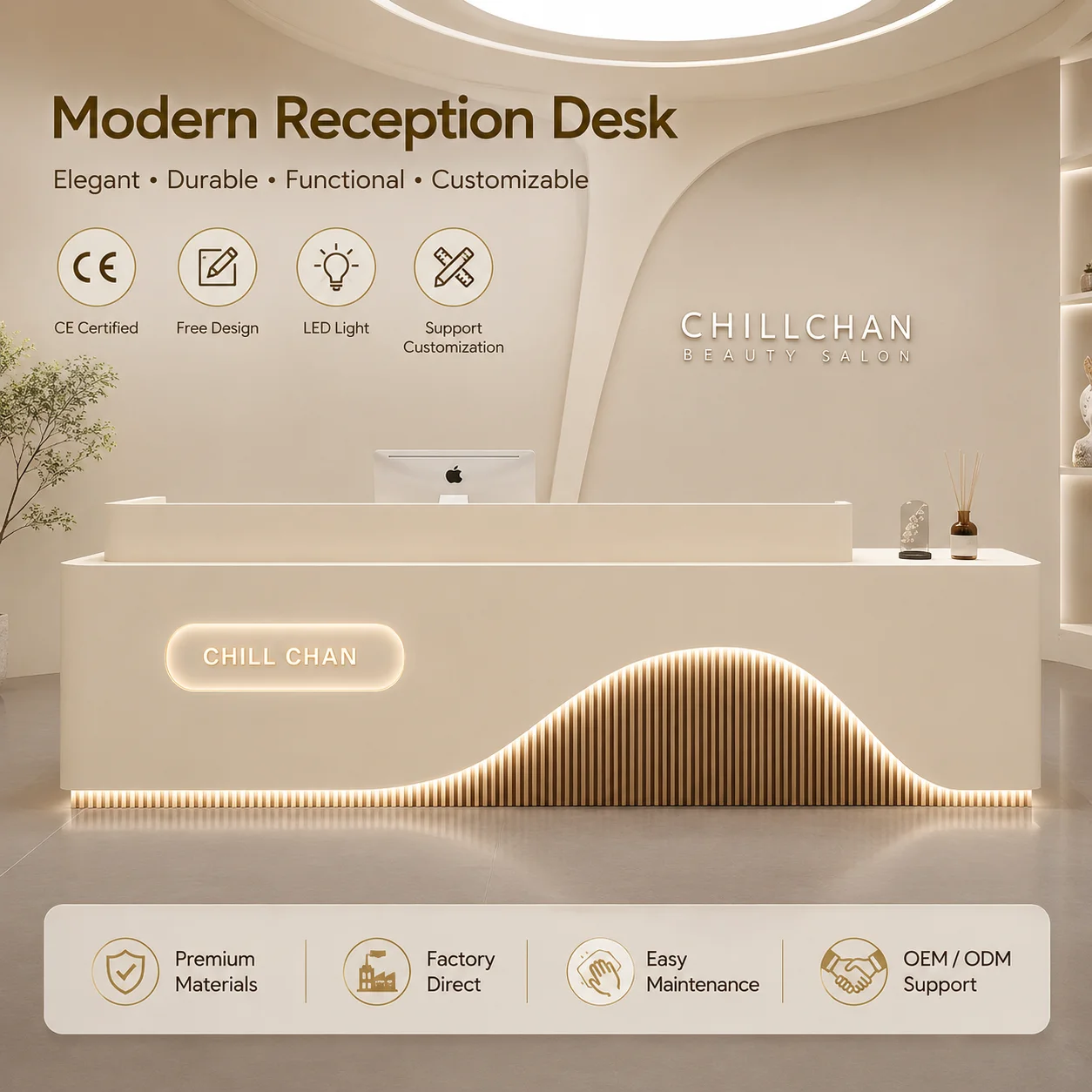 Modern Custom MDF Beauty Salon Hotel Reception Desk With LED Light Foldable Design Storage Cabinet For School & Hospital Use