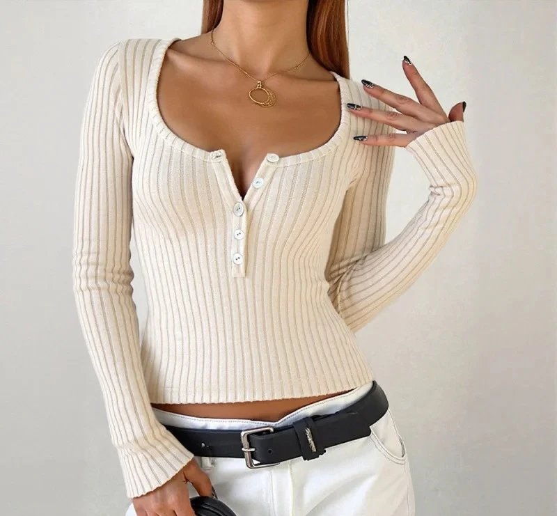 

Autumn European and American Style Half Open Collar Knitted Sweater Long Sleeve Button Elegant Top