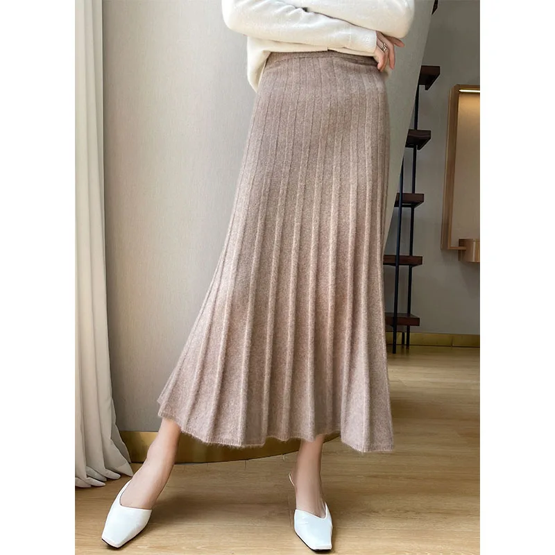 100% Pure Wool Skirt For Women's Medium Long Knitted High Waist Slim A-line Large Swing Umbrella Style Cashmere Pleated Skirt