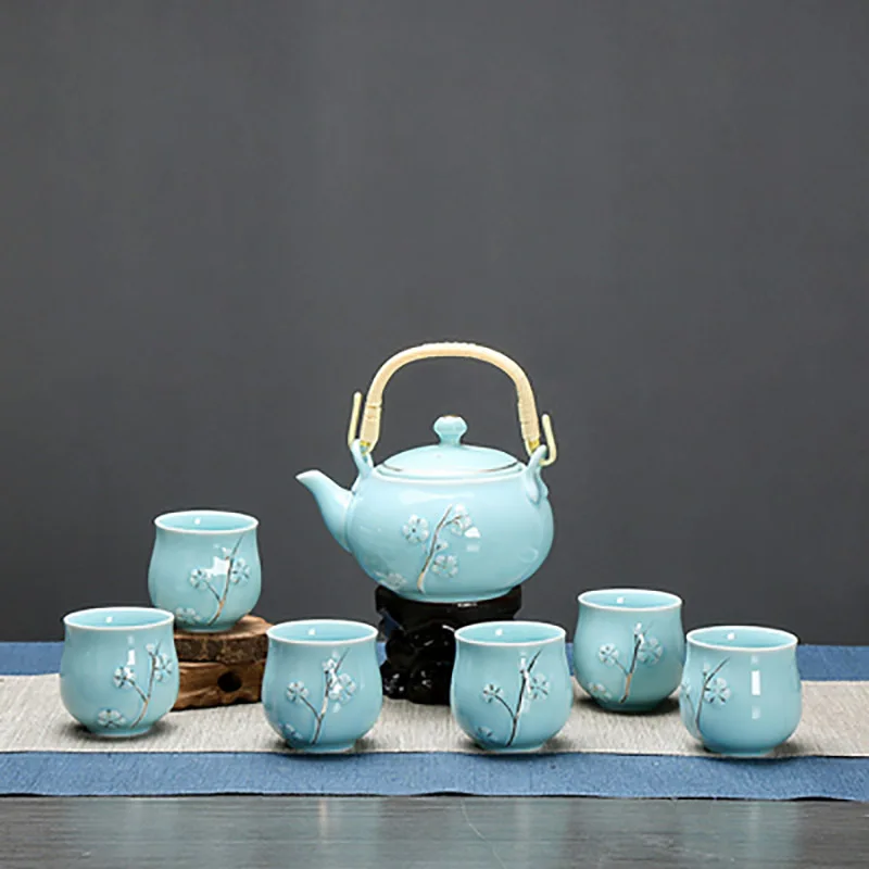 Chinese Style Porcelain Tea Set, Ceramic Kung Fu Infuser, Teapot, Kettle, Portable, Ceremony, Teaware with Tray, 1 Pot, 6 Cups