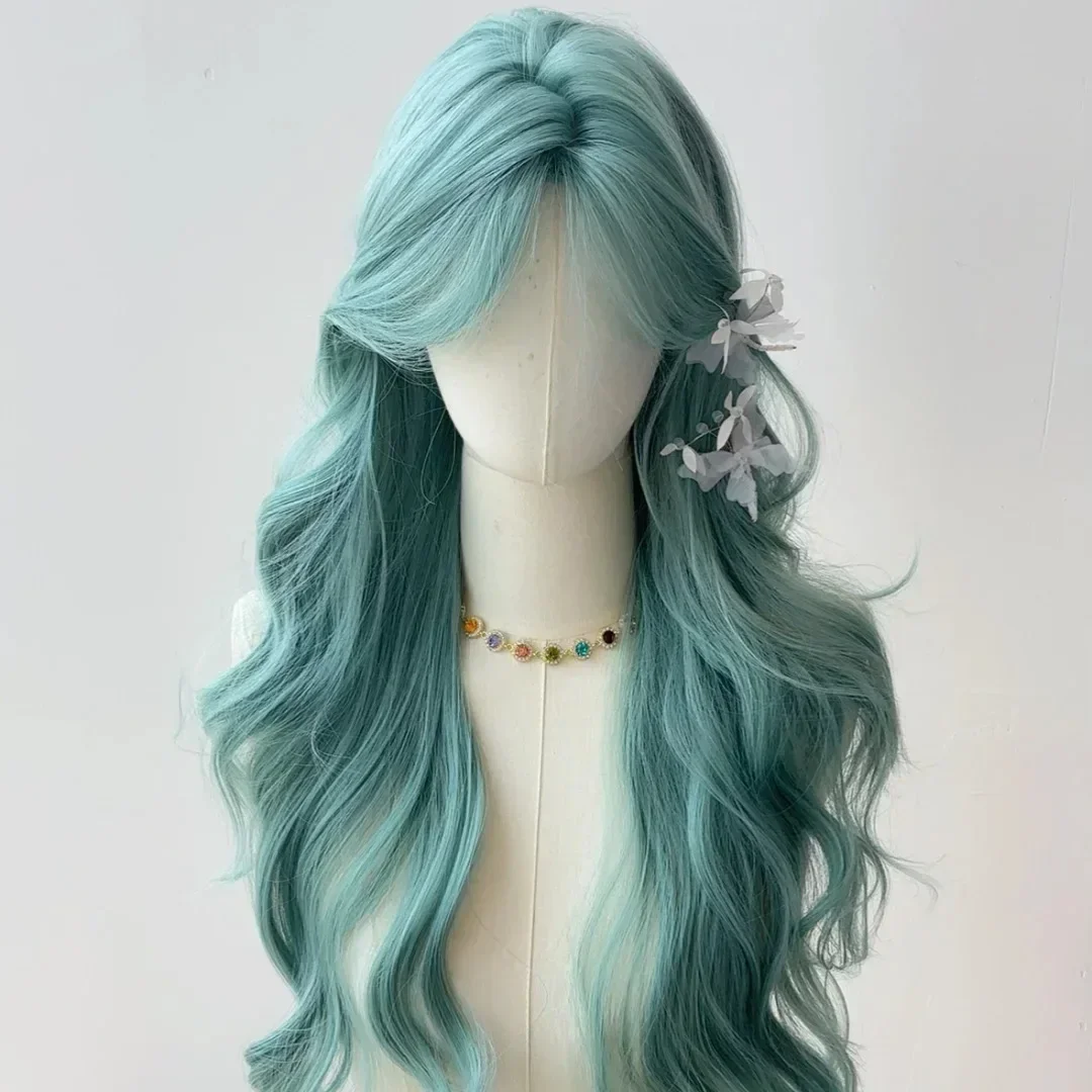 Peruca verde azul menta para mulheres, abertura octogonal, onda grande, cabelo longo encaracolado, peruca natural de simulação, peruca cosplay