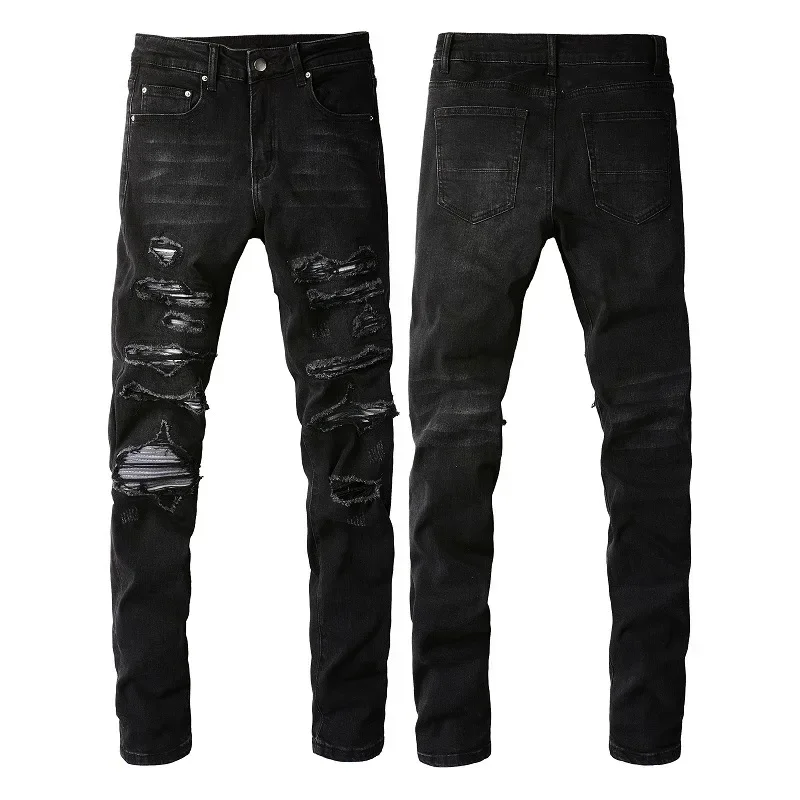 

Pop Men Black High Street Trendy Brand Jeans Premium Men New Style Patchwork Elastic Slim Fit Ripped And Slimming Ankle-Length J