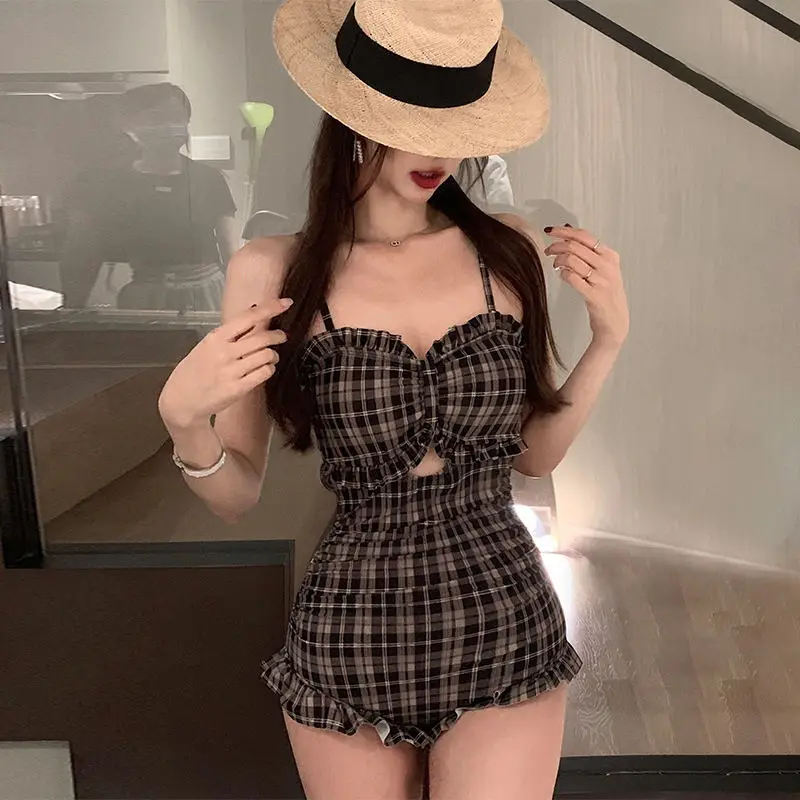 2023 New Summer Fashion High Waist Hollow Out Houndstooth Sexy Backless Strap Pure Desire Beach Hot Spring One Piece Bikini Set