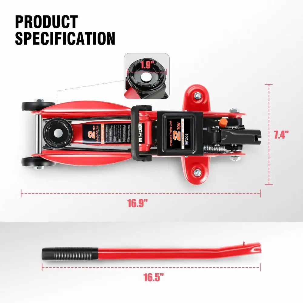 Cric trolley idraulico a basso profilo da 2 tonnellate, capacità di 4000 libbre, cric di sollevamento per auto in acciaio, portata 5,1-13, rosso