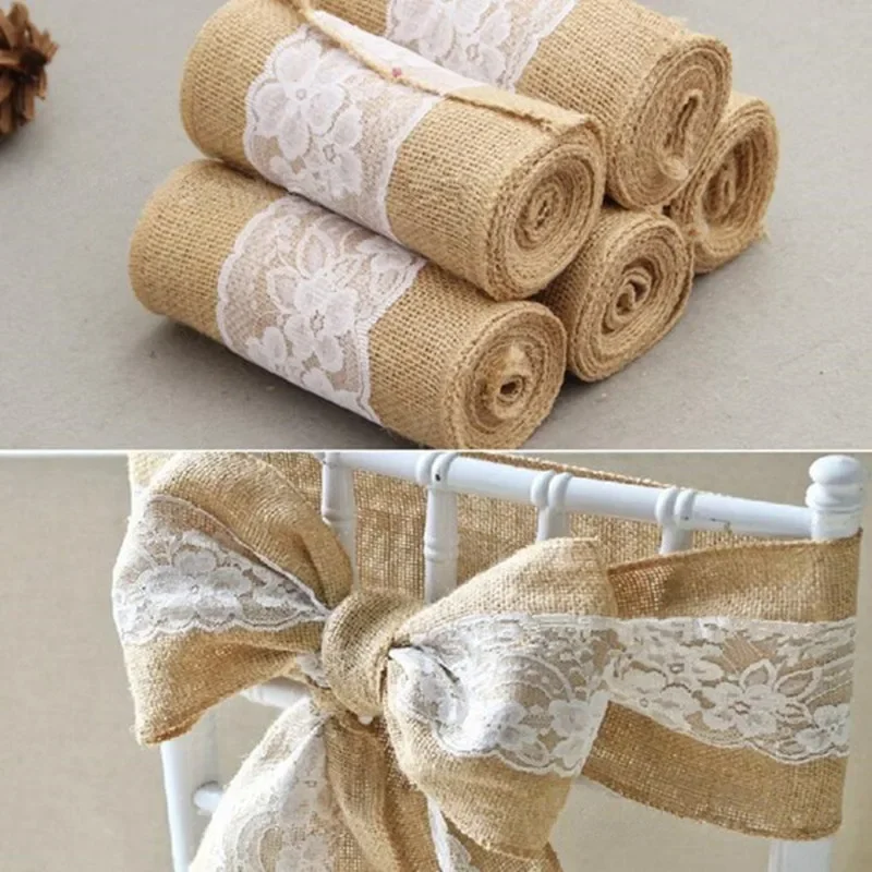 

10pcs 245cm* 15cm Burlap Hessian Ribbon with Lace Sashes for Wedding Craft Party Decoration ,