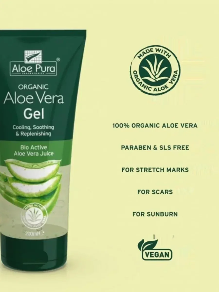ALOE PURA VERA Organic Pure Curaçao Aloe Vera Gel 200ml Moisturising Hydrating Gel Soothing After Sun Repair Face Skincare
