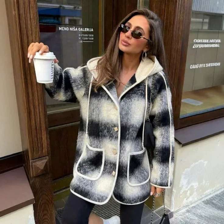 Fashion party 2026 Autumn Winter Down Inner Lining Coats Street vintage Plaid Thick warm Tweed Jackets for women
