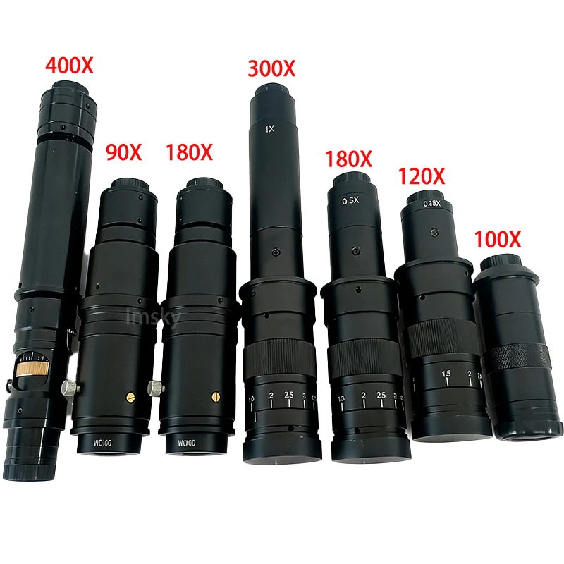 Adjustable 100X 180X 150X 120X 300X 400X 90X Zoom C Mount Lens 0.7X~4.5X M42 Auxiliary Objective Lens F/ Video Microscope Camera