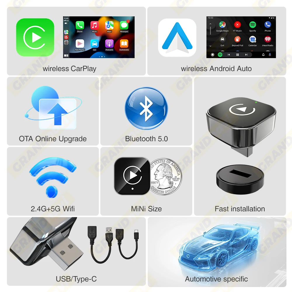 2-in-1 kabelloses CarPlay- und Android-Auto-System, neuer intelligenter Adapter, einfache Plug-and-Play-Installation, stabile Bluetooth- und WLAN-Verbindung, OTA-Software-Updates, passend für 99 % aller Fahrzeuge. – Detail 3