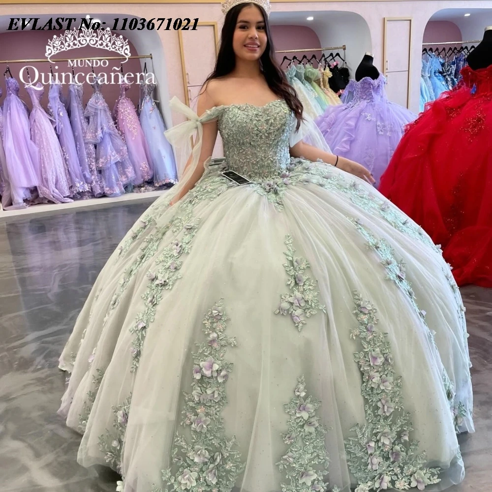 EVLAST Personalizzato Menta Abito Quinceanera Abito di Sfera 3D Applique Floreale Che Borda Con Arco Corsetto Dolce 16 Abiti Da 15 Anos SQ704