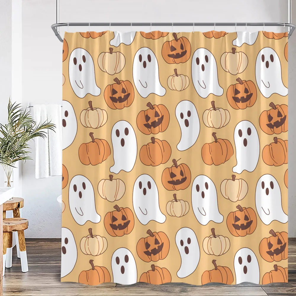 Cute Ghost Cartoon Pattern Shower Curtain Pumpkin Lantern Spectre Orange Pink Bathroom Decor Kid Happy Halloween Bathtub Curtain