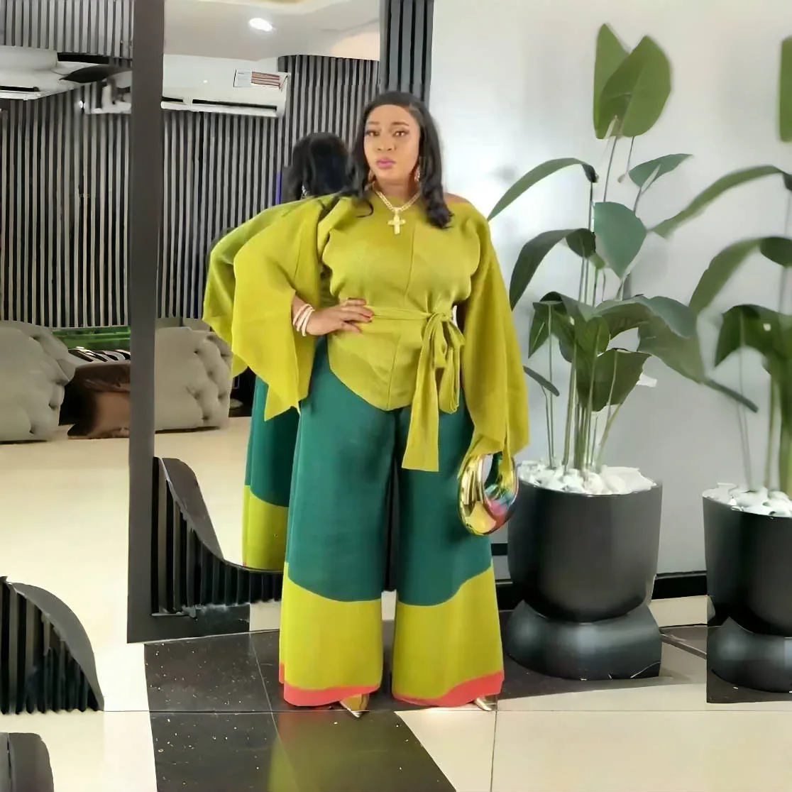 

Fashion Plus Size Women's Set with Irregular Pleats, Color Blocked Lace Up Top, Loose Wide Leg Pants, Two-piece Set