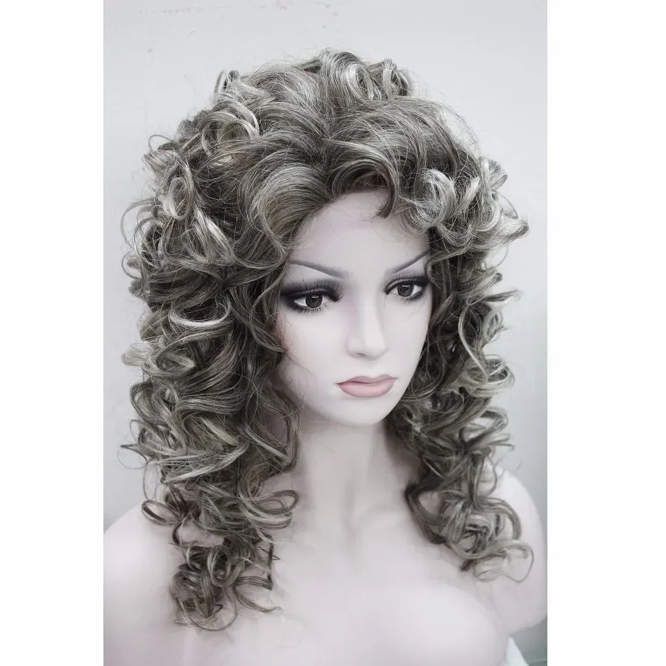 free shipping Womens Long Mixed Gray Curly Heat Resistant Hair Cosplay Costume Party Wigs