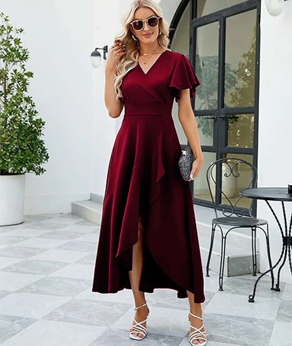 High Low Satin Evening Dresses Short Sleeve V Neck Ruffles Asymmetrical Elegant Formal Cocktail Party Prom Gown Vestido De Festa