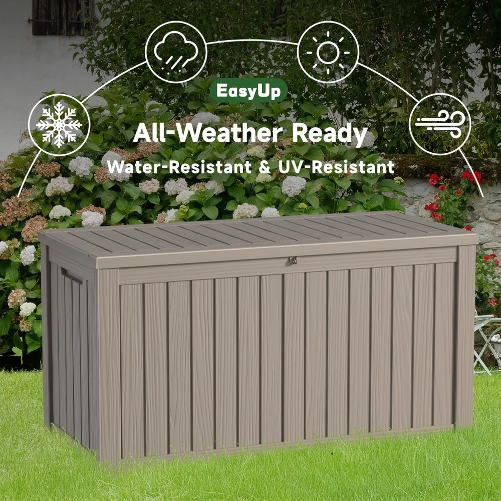 

150 gallon outdoor storage box waterproof, UV resistant resin deck box with hydraulic rod