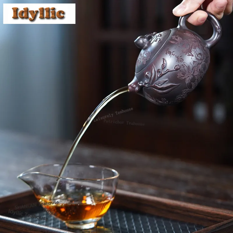 300ml Boutique Yixing Purple Clay Teapots Handmade Longevity Peach Xishi Pot Raw Ore Bronze Mud Kettle Zisha Tea Set Teaware