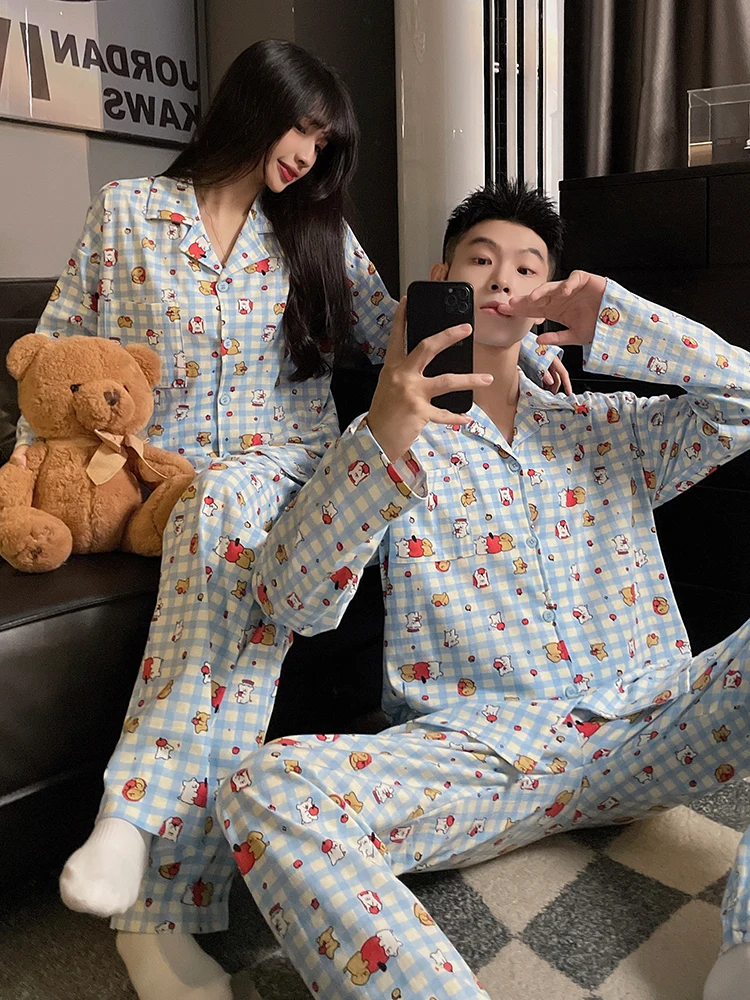 DAIMELU cartoon cute couple pajamas women's spring and autumn new cotton long-sleeved trousers men sleepwear set loungewear suit