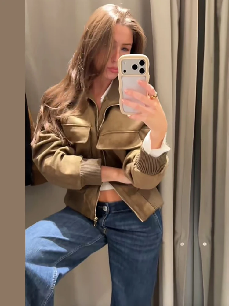 Schicke Jacke aus Kunstwildleder mit geripptem Bündchen für Damen, Retro-Stehkragen, Taschen, Reißverschluss, elastische Taille, Herbst-Alltags-Streetwear 2026 – Detail 4